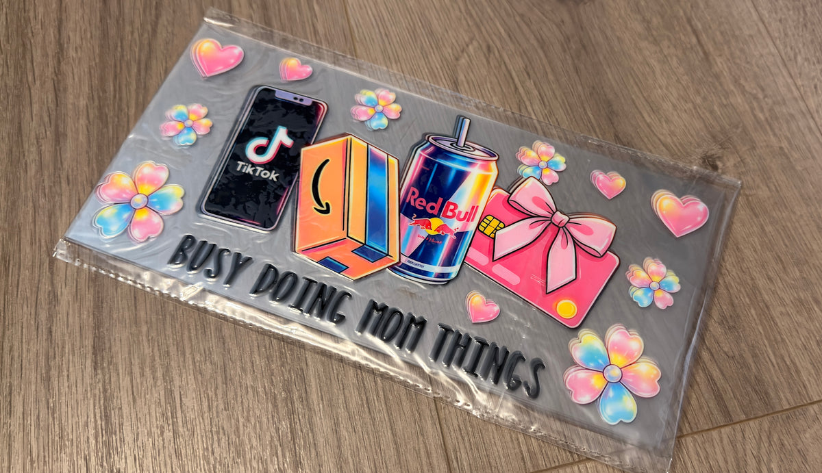 Busy doing mom things Redbull 16oz double sided UV DTF wrap